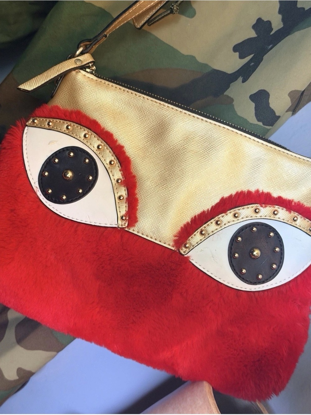 Vintage Sharif Eye Bag Red Faux Fur Gold Metallic Studded Crossbody Purse